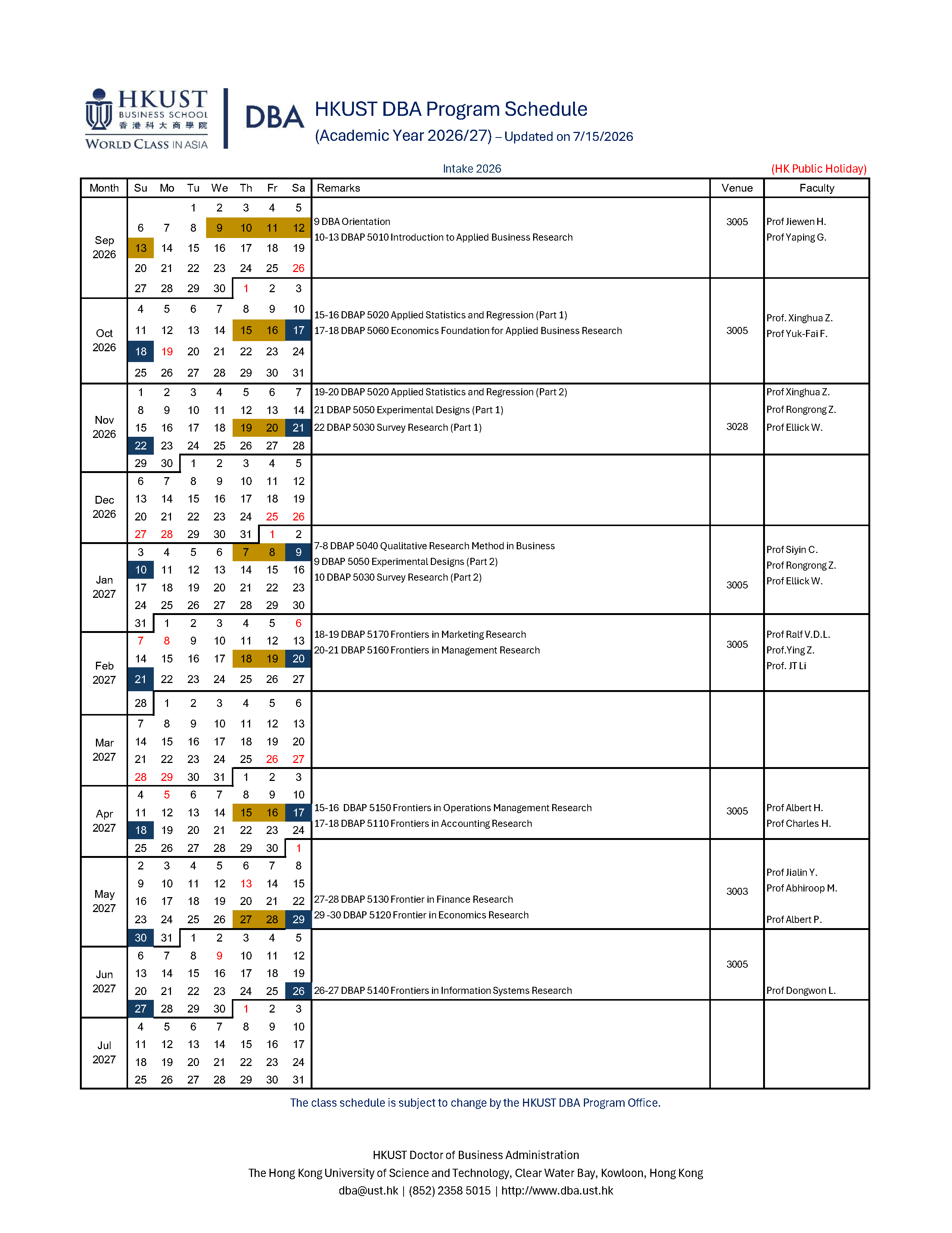 Timetable 2026-2027